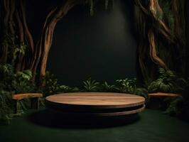 AI Generated Cosmetics product advertising stand. Exhibition wooden podium on green background with leaves and shadows. Empty pedestal to display product packaging. Mockup. Generative AI. photo