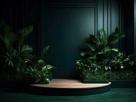 AI Generated Cosmetics product advertising stand. Exhibition wooden podium on green background with leaves and shadows. Empty pedestal to display product packaging. Mockup. Generative AI. photo