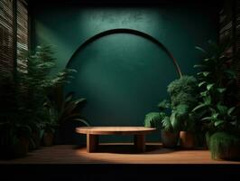 AI Generated Cosmetics product advertising stand. Exhibition wooden podium on green background with leaves and shadows. Empty pedestal to display product packaging. Mockup. Generative AI. photo