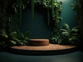 AI Generated Cosmetics product advertising stand. Exhibition wooden podium on green background with leaves and shadows. Empty pedestal to display product packaging. Mockup. Generative AI. photo