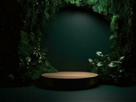 AI Generated Cosmetics product advertising stand. Exhibition wooden podium on green background with leaves and shadows. Empty pedestal to display product packaging. Mockup. Generative AI. photo