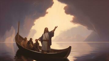 AI generated Jesus Christ on the boat calms the storm at sea. Be still photo