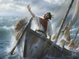 ai generado Jesús Cristo en el barco calma el tormenta a mar. ser todavía foto
