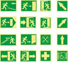 set of green emergency signs. Exit, exit door, disabled, exit direction, meeting point, exit or emergency stairs vector