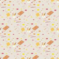 Vector seamless pattern with painting tools, brush, pencil, sketchbook, painting pad and watercolors,  Craft hobby pastel background.