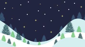 Vector winter night, Christmas season landscape. Long full background or banner with spruce, fir or noel tree, stars and snow