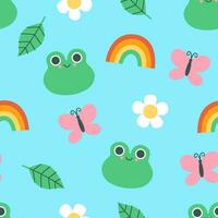 Seamless pattern with cute frogs, leaves, rainbows, flowers, butterflies. Vector graphics.