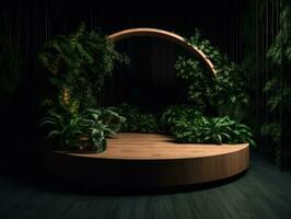 AI Generated Cosmetics product advertising stand. Exhibition wooden podium on green background with leaves and shadows. Empty pedestal to display product packaging. Mockup. Generative AI. photo