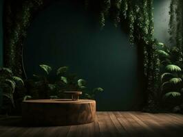 AI Generated Cosmetics product advertising stand. Exhibition wooden podium on green background with leaves and shadows. Empty pedestal to display product packaging. Mockup. Generative AI. photo