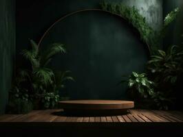 AI Generated Cosmetics product advertising stand. Exhibition wooden podium on green background with leaves and shadows. Empty pedestal to display product packaging. Mockup. Generative AI. photo