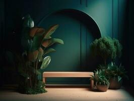AI Generated Cosmetics product advertising stand. Exhibition wooden podium on green background with leaves and shadows. Empty pedestal to display product packaging. Mockup. Generative AI. photo