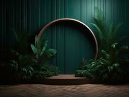 AI Generated Cosmetics product advertising stand. Exhibition wooden podium on green background with leaves and shadows. Empty pedestal to display product packaging. Mockup. Generative AI. photo