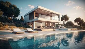 AI Generated Design house modern villa with open plan living and private bedroom wing. Large terrace with privacy and, swimming pool. Generative AI. photo