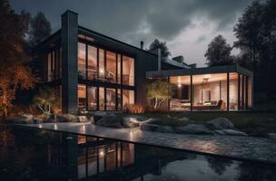 AI Generated Design house modern villa with open plan living and private bedroom wing. Large terrace with privacy and, swimming pool. Generative AI. photo
