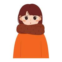 mano dibujo dibujos animados niña vistiendo bufanda en invierno día. invierno atuendo. linda niña pegatina vector