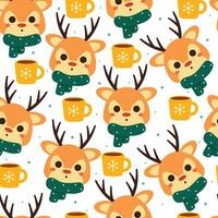 seamless pattern cartoon deer with hot chocolate. Cute Christmas wallpaper for card, gift wrap paper vector