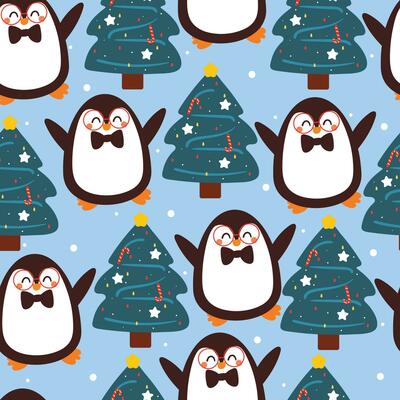 seamless pattern cartoon penguin, tree, and snowflakes. cute animal wallpaper for textile, gift wrap paper, winter background