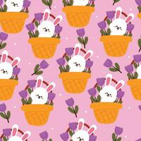 seamless pattern cartoon bunny inside a basket with sky element. cute animal wallpaper for textile, gift wrap paper vector