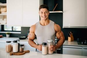 Young guy making protein shake at kitchen, copy space. AI Generated photo