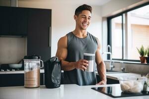 Young guy making protein shake at kitchen, copy space. AI Generated photo