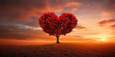 Red Heart Shaped Tree on sunset. AI Generated photo