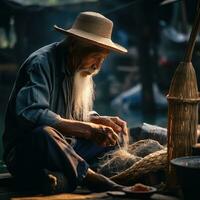 old man knitting a fishing net. AI Generated photo