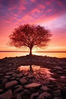 Pink Heart Shaped Tree on sunset. AI Generated photo