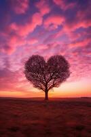 rosado corazón conformado árbol en puesta de sol. ai generado foto