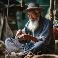 old man knitting a fishing net. AI Generated photo