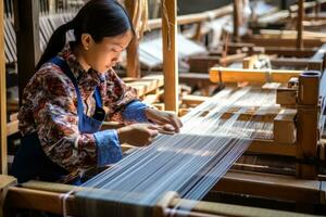 Master weaver is weaving fabric . AI Generated photo