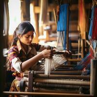 Master weaver is weaving fabric . AI Generated photo