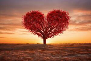 Red Heart Shaped Tree on sunset. AI Generated photo