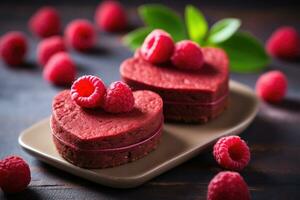 Heart shaped red velvet cake for Valentine's day on dark background. AI Generated photo