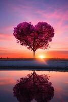 rosado corazón conformado árbol en puesta de sol. ai generado foto