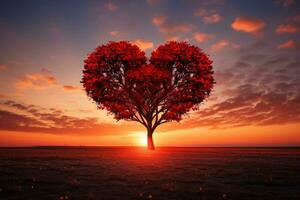 Red Heart Shaped Tree on sunset. AI Generated photo