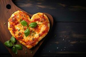 Heart shaped pizza on wooden background. AI Generated photo