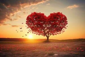 Red Heart Shaped Tree on sunset. AI Generated photo