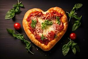 Heart shaped pizza on wooden background. AI Generated photo