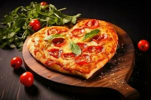 Heart shaped pizza on wooden background. AI Generated photo