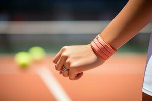 de cerca de mujer mano jugando tenis . ai generado foto