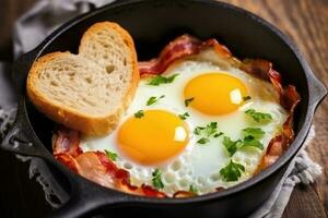 Healthy holidays breakfast with eggs hearts, bacon and toast on wooden background. AI Generated photo