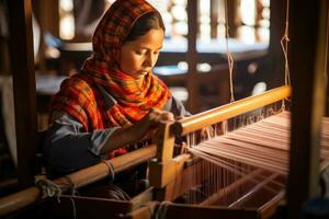 Master weaver is weaving fabric . AI Generated photo