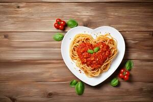 Heart shaped spaghetti with tomato sauce and parmesan cheeses on white plate. AI Generated photo