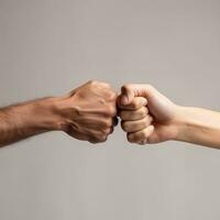 Closeup of two arms different race skin colors multinational friends giving fist bump. AI Generated photo