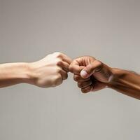 Closeup of two arms different race skin colors multinational friends giving fist bump. AI Generated photo