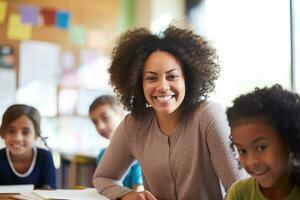 smiling African American woman teaching in classroom. AI Generated photo