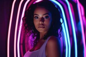 portrait of young african american woman in neon light. AI Generated photo