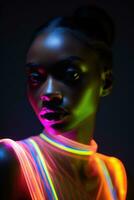 portrait of young african american woman in neon light. AI Generated photo