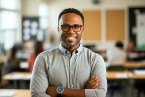 smiling African American man wearing glasses teaching in classroom. AI Generated photo