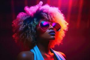 portrait of young african american woman in neon light. AI Generated photo